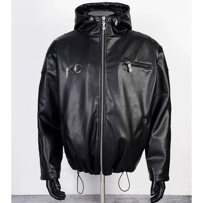 Thug Club Black Hooded Faux Leather Jacket Red Star Moon Logo, Unisex Main Image