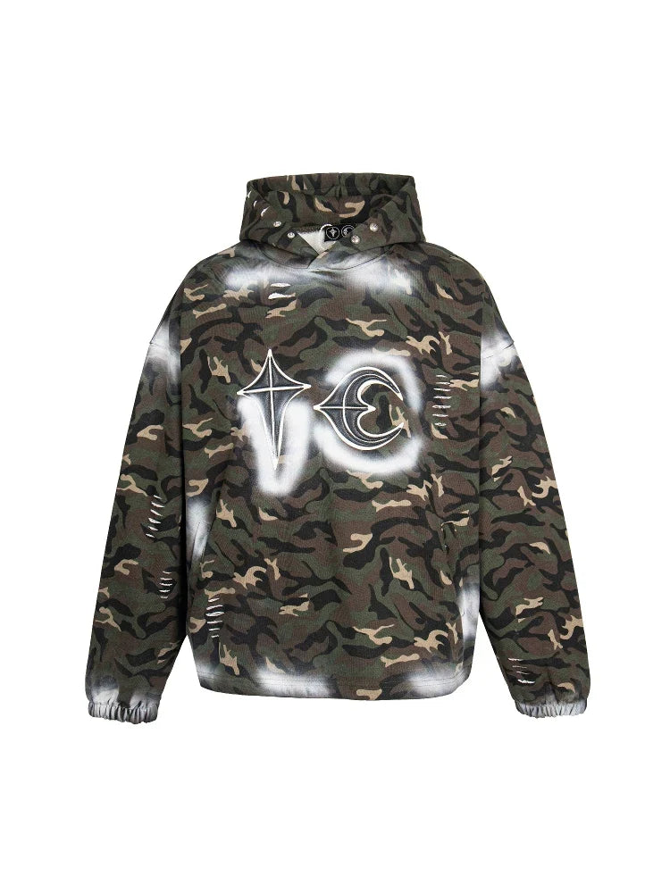 Thug Club Camo Spray Paint Star Moon Embroidery Oversized Hoodie, Unisex