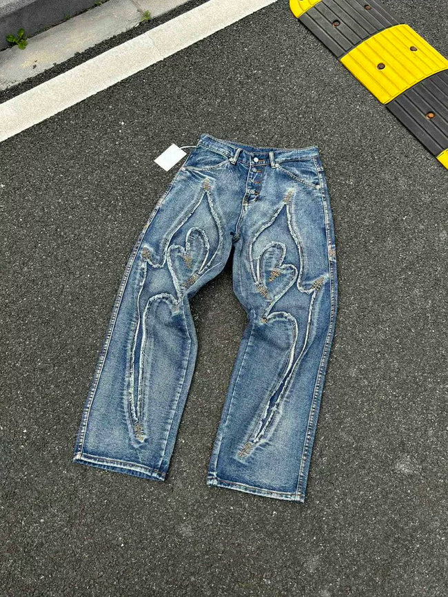 Thug Club Frayed Heart Applique Blue Washed Wide Leg Jeans, Y2K Gothic Baggy Denim Pants Hover Image