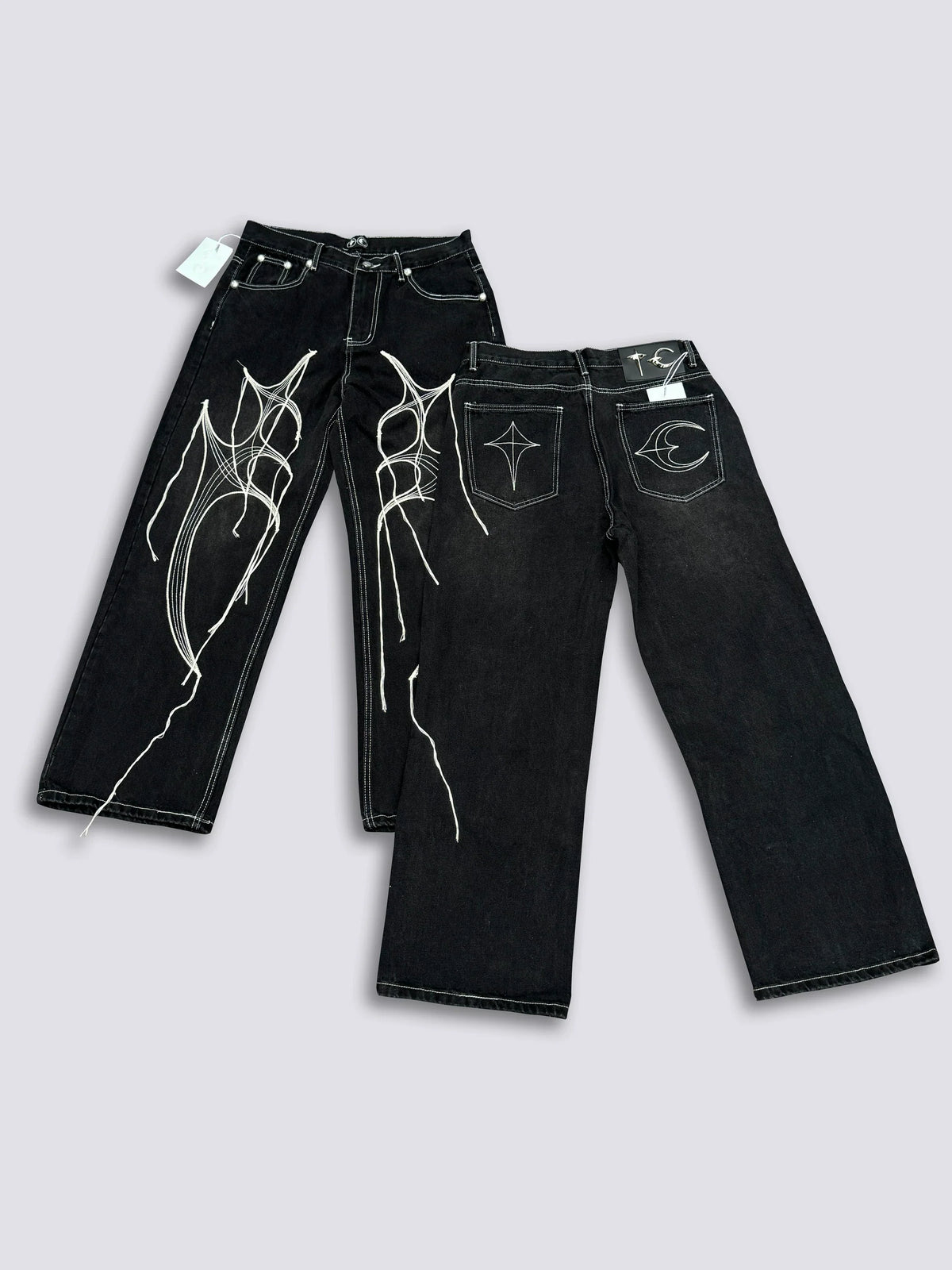 Thug Club Spider Web Fringe Embroidery Wide Leg Black Jeans, Y2K Gothic Baggy Denim Pants
