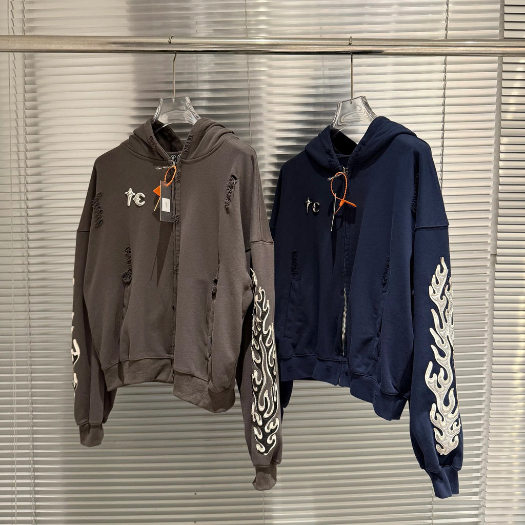 Thug Club Distressed Zip Hoodie with Flame Sleeve Embroidery, Unisex
