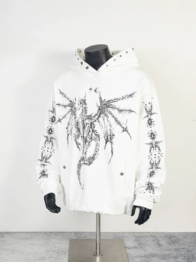 Thug Club White Dragon Graphic Raw Edge Oversized Hoodie, Unisex Hover Image