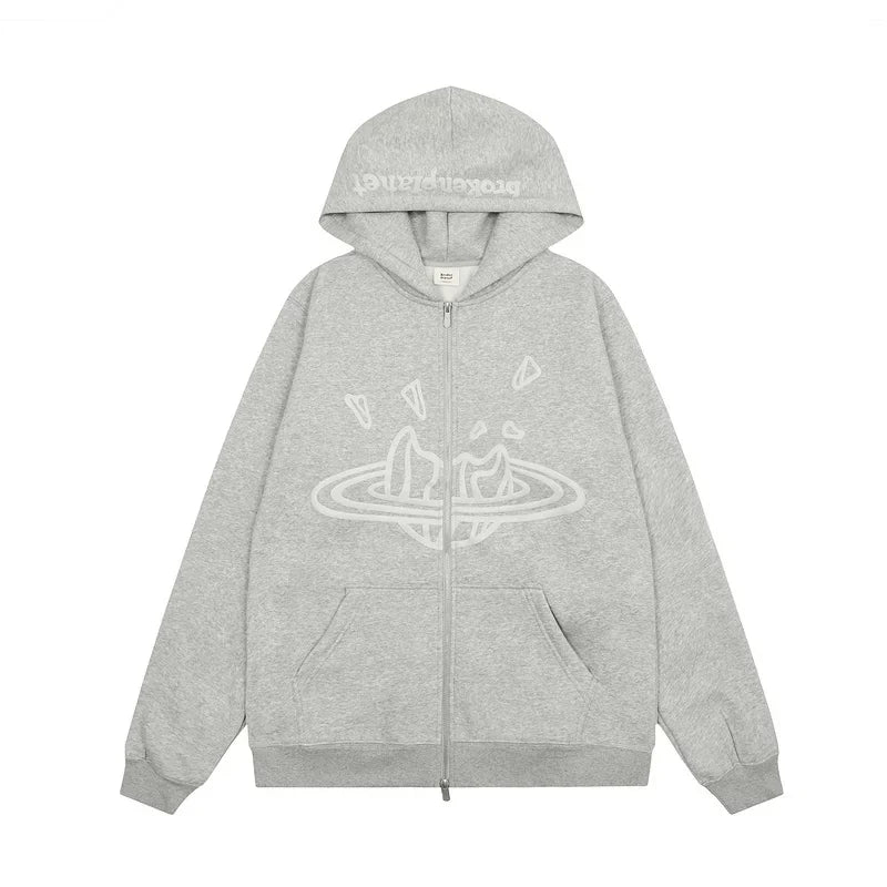 Broken Planet Cracked Planet Zip Up Hoodie - Heather Grey