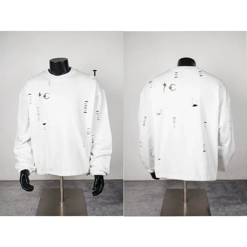 Thug Club White Distressed Ripped Crewneck Sweatshirt, Unisex