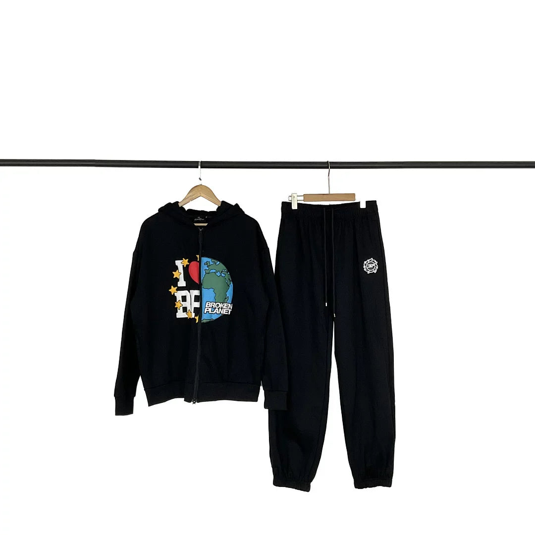 Broken Planet I Love BP Earth Graphic Zip‑Up Tracksuit Set (3 Colors)