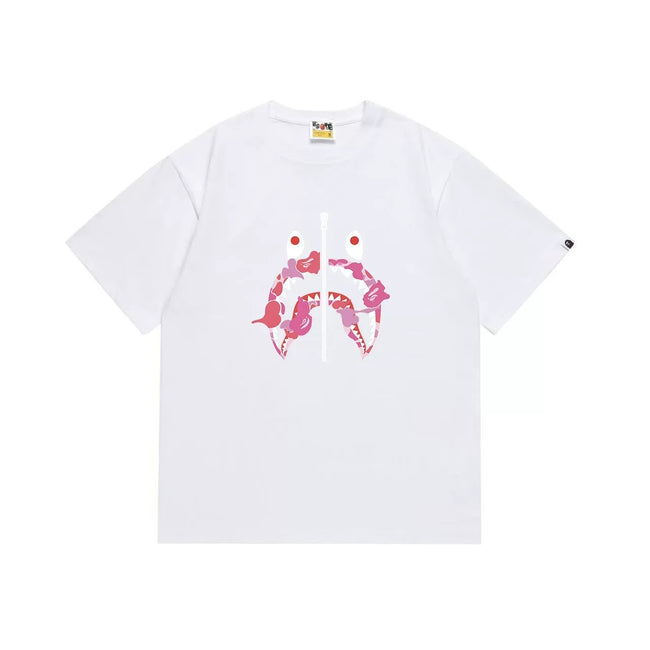 BAPE Style Camo Shark Full-Zip Motif Short-Sleeve Tee - White/Pink Hover Image
