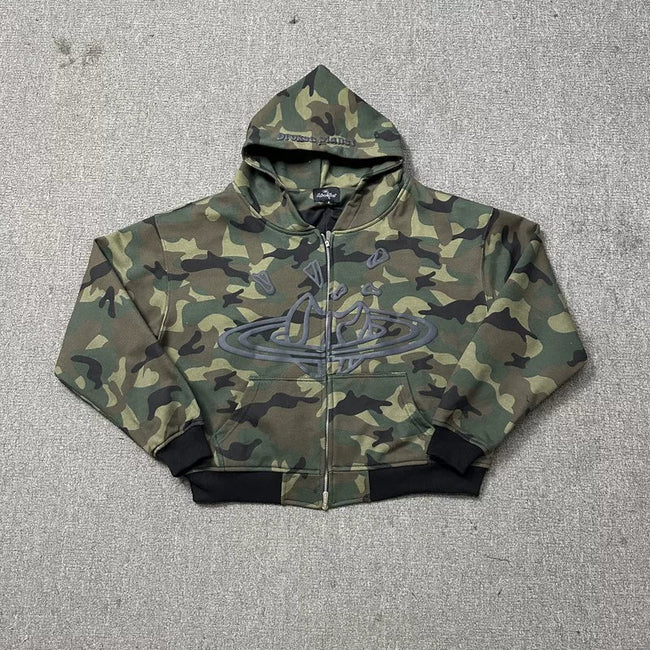 Broken Planet Camo Cracked Planet Cropped Zip Up Hoodie Hover Image