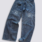 Thug Club Star Eye Radiating Line Embroidered Wide Leg Jeans, Y2K Gothic Baggy Denim Pants