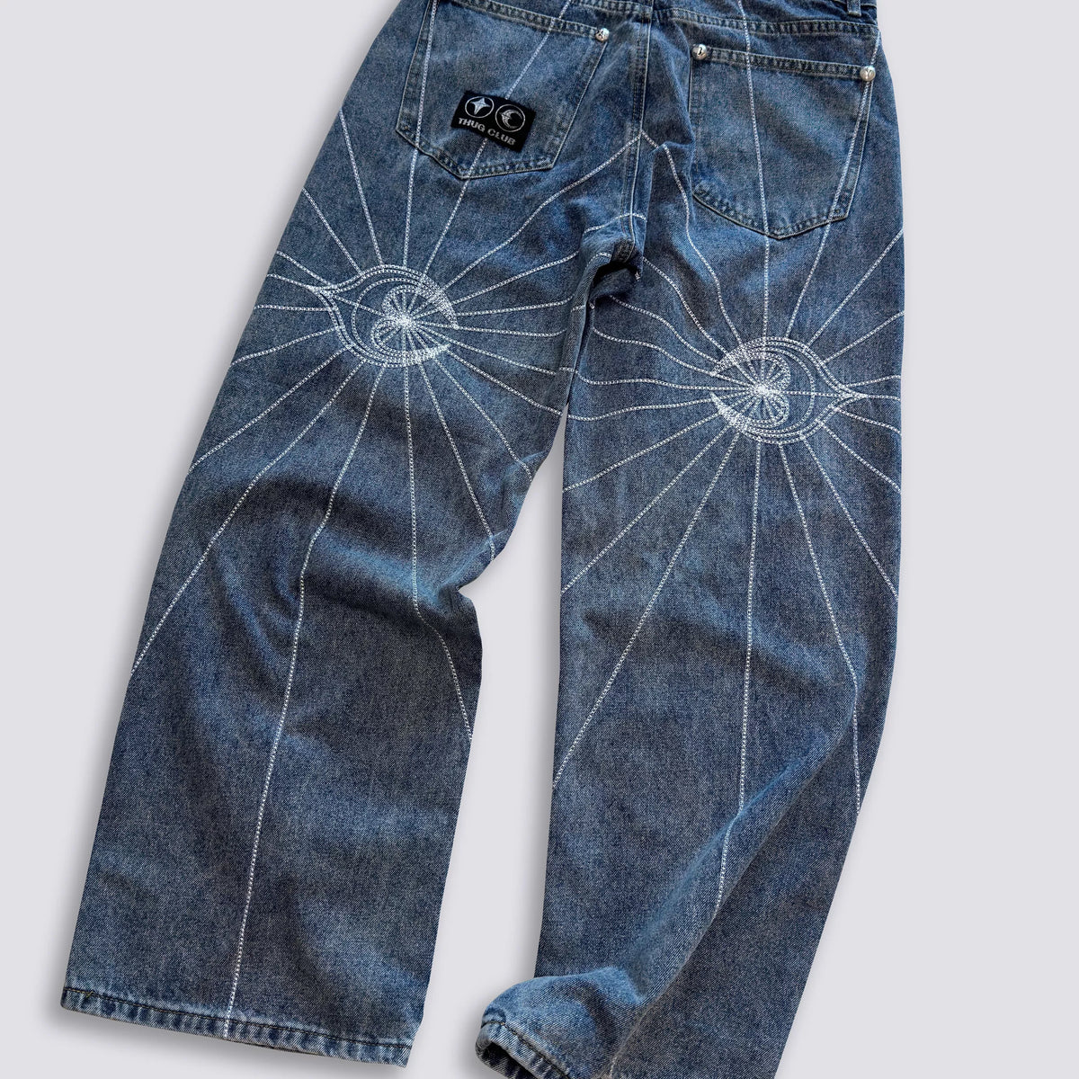 Thug Club Star Eye Radiating Line Embroidered Wide Leg Jeans, Y2K Gothic Baggy Denim Pants