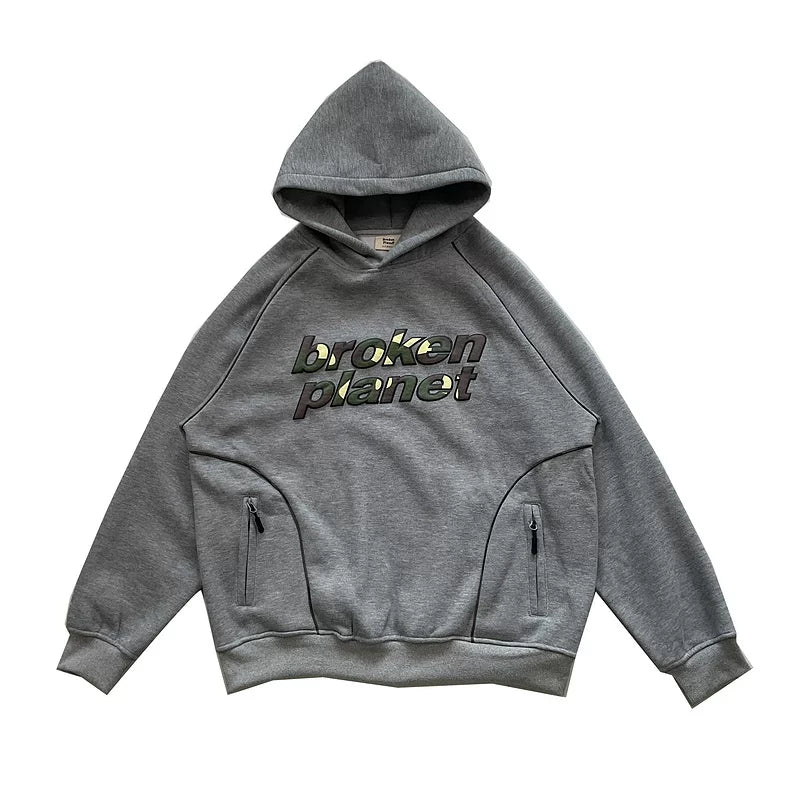 Broken Planet Camo Logo Raglan Hoodie - Heather Grey