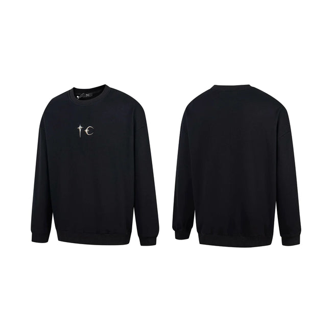 Thug Club Metal Star Moon Logo Crewneck Sweatshirt, Y2K Gothic Oversized Black Sweater Hover Image