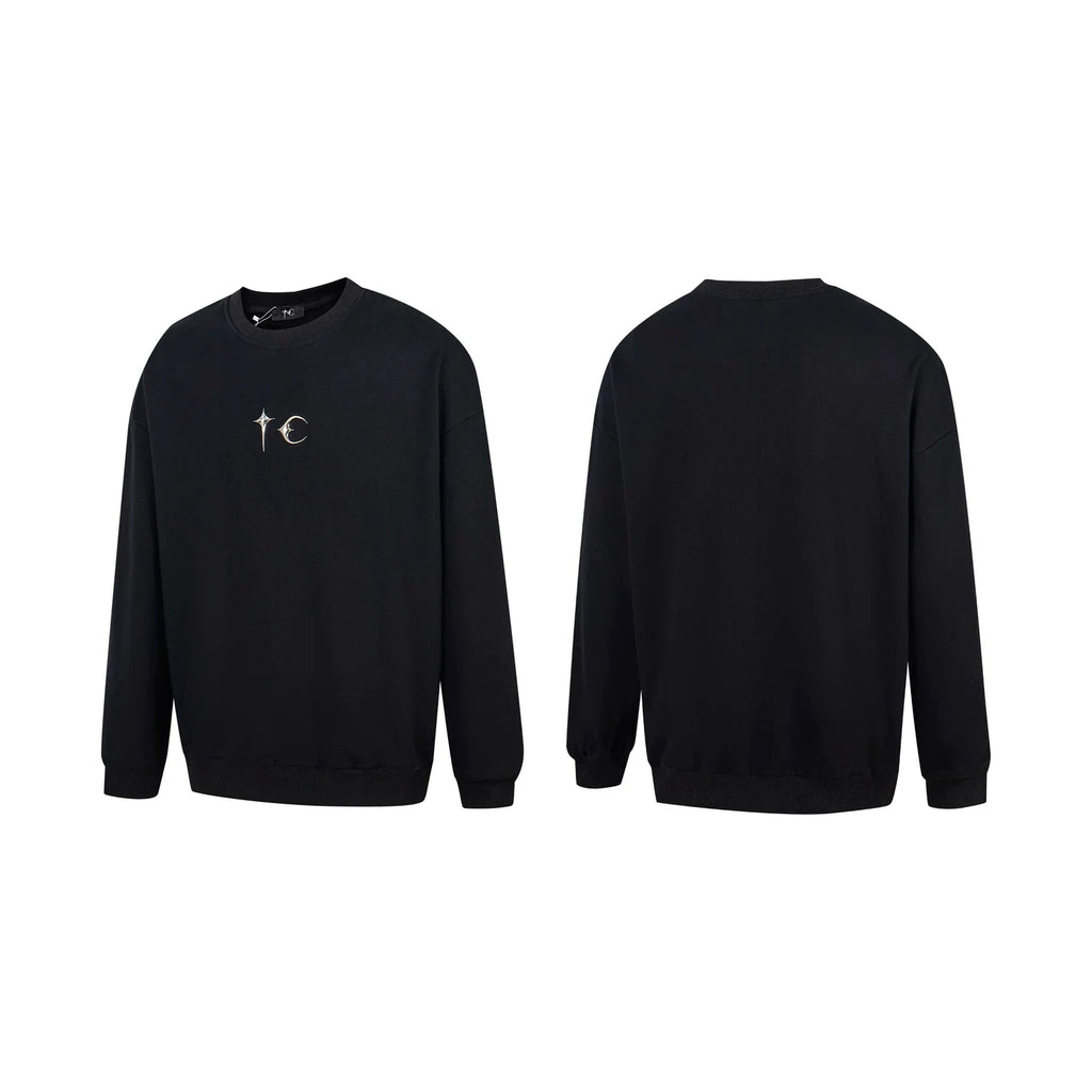 Thug Club Metal Star Moon Logo Crewneck Sweatshirt, Y2K Gothic Oversized Black Sweater