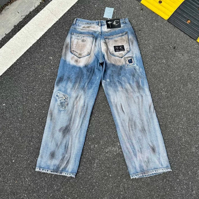 Thug Club Heavy Distressed Bleached Wide Leg Jeans, Y2K Ripped Baggy Denim Pants Main Image