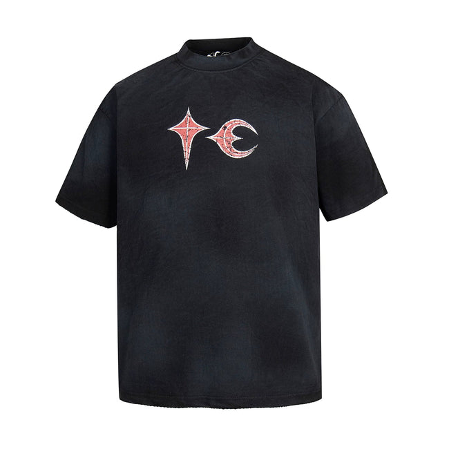 Thug Club Vintage Washed Black Red Star Moon Graphic Oversized T-Shirt, Unisex Hover Image