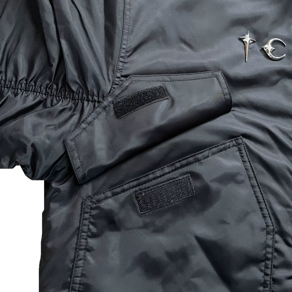Thug Club Ruched Back MA1 Bomber Jacket, Y2K Gothic Multi-Pocket Flight Coat