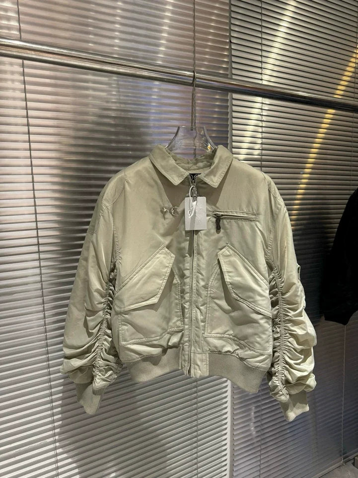 Thug Club Ruched Sleeve Cropped MA1 Bomber Jacket, Y2K Gothic Beige Nylon Flight Coat