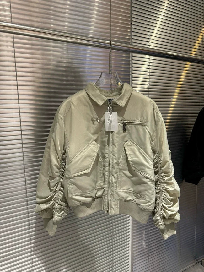 Thug Club Ruched Sleeve Cropped MA1 Bomber Jacket, Y2K Gothic Beige Nylon Flight Coat Hover Image