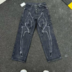 Thug Club Frayed Flare Graphic Black Washed Jeans, Y2K Gothic Wide Leg Denim Pants