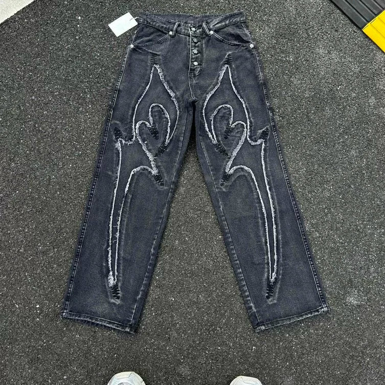 Thug Club Frayed Flare Graphic Black Washed Jeans, Y2K Gothic Wide Leg Denim Pants