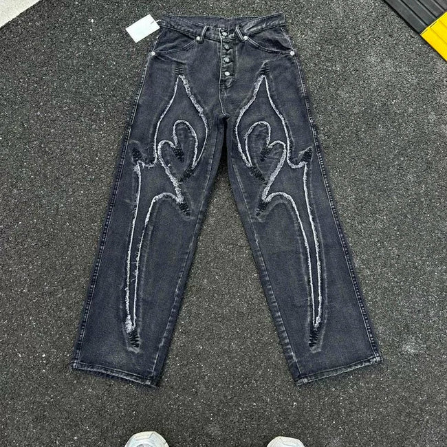 Thug Club Frayed Flare Graphic Black Washed Jeans, Y2K Gothic Wide Leg Denim Pants Main Image