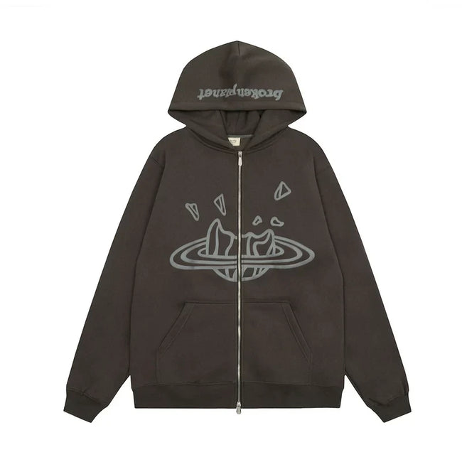 Broken Planet Cracked Planet Zip Up Hoodie - Dark Brown Hover Image