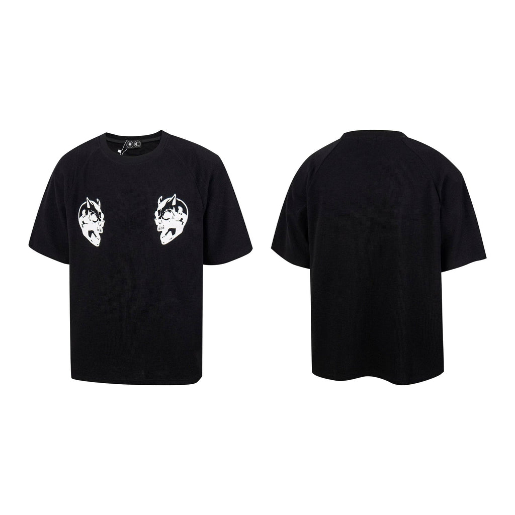 Thug Club Double Skull Print Waffle Knit Oversized T-shirt, Y2K Gothic Short Sleeve Tee