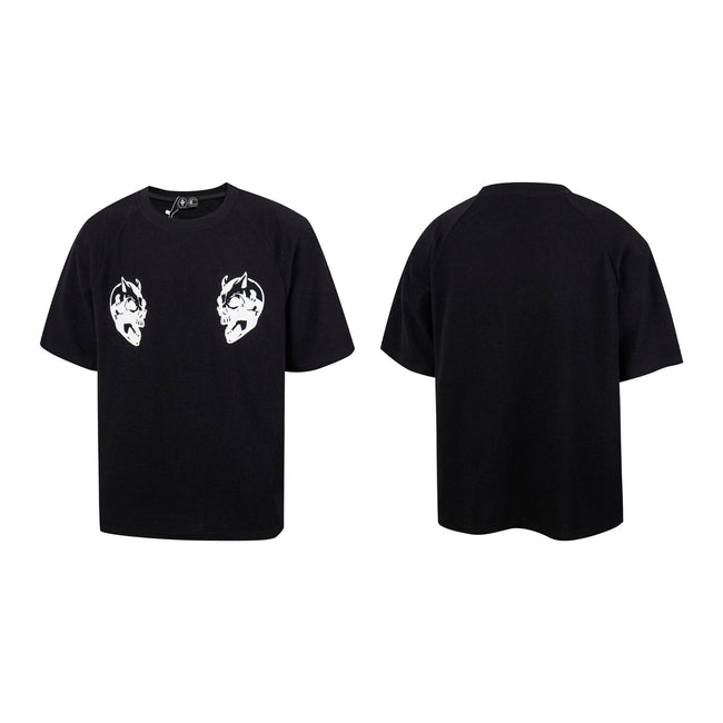 Thug Club Double Skull Print Waffle Knit Oversized T-shirt, Y2K Gothic Short Sleeve Tee Hover Image