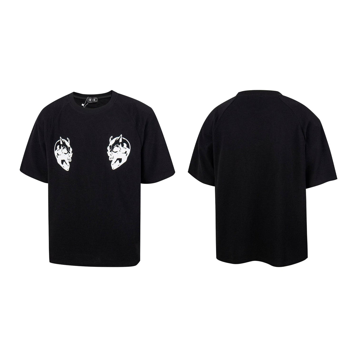 Thug Club Double Skull Print Waffle Knit Oversized T-shirt, Y2K Gothic Short Sleeve Tee