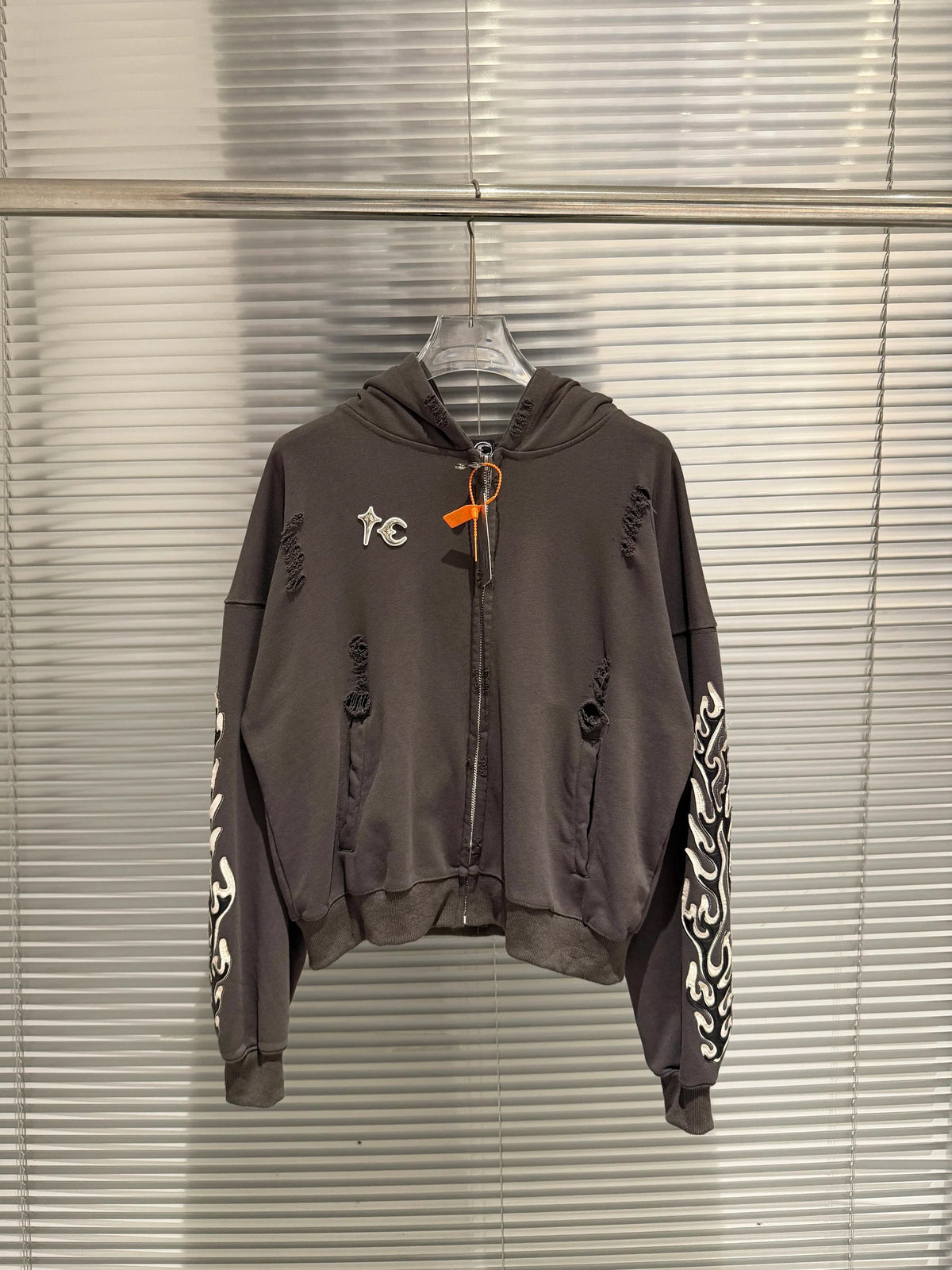 Thug Club Distressed Zip Hoodie with Flame Sleeve Embroidery, Unisex