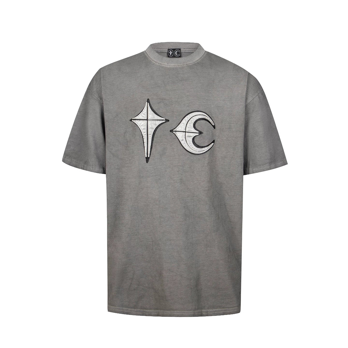 Thug Club Grey Washed Silver Leather Star Moon Logo Oversized T-Shirt, Unisex
