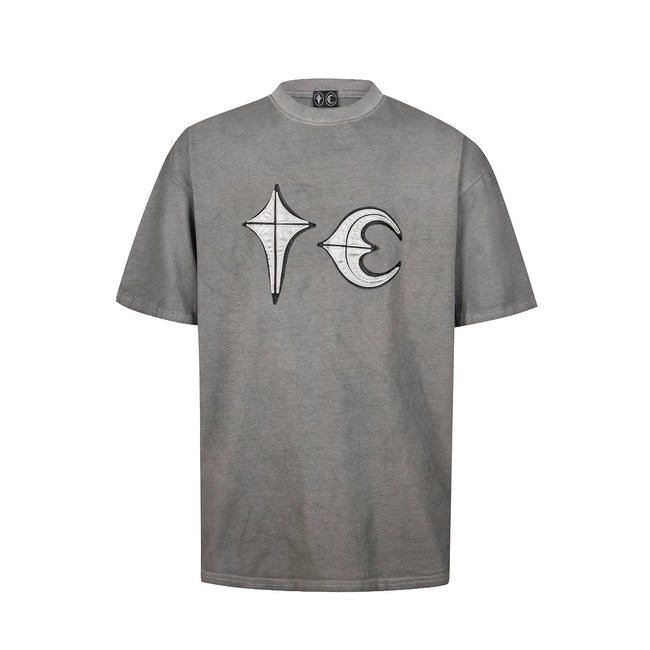 Thug Club Grey Washed Silver Leather Star Moon Logo Oversized T-Shirt, Unisex Hover Image