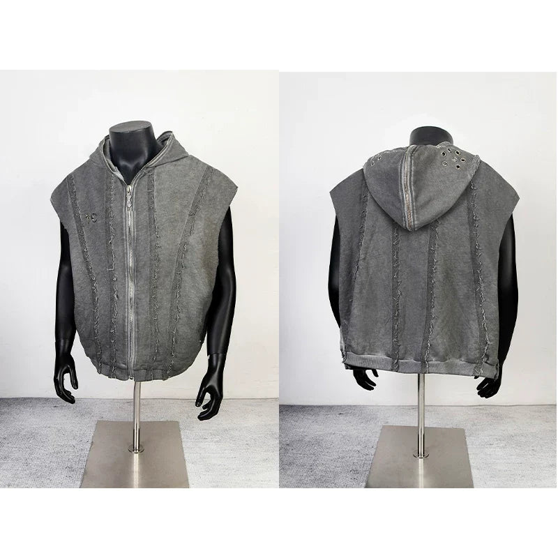 Thug Club Grey Raw Fringe Hooded Zip Vest, Unisex