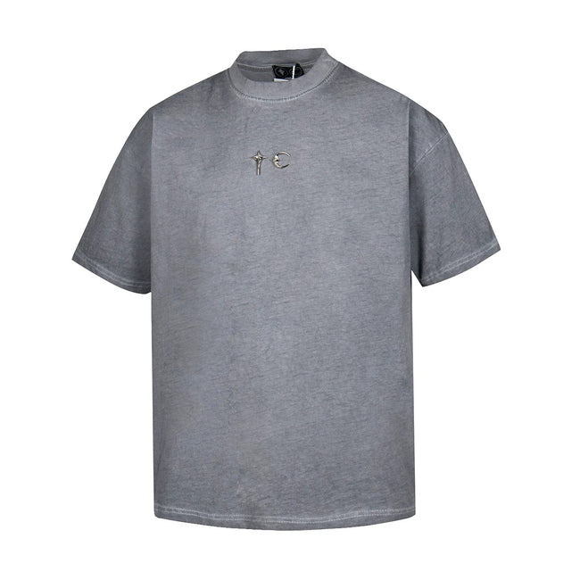 Thug Club Vintage Washed Grey Metal Star Moon Logo Oversized T-Shirt, Unisex Hover Image