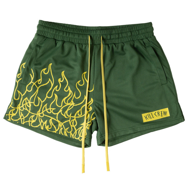 Killcrew Flame Graphic Green and Yellow Mesh Shorts Hover Image