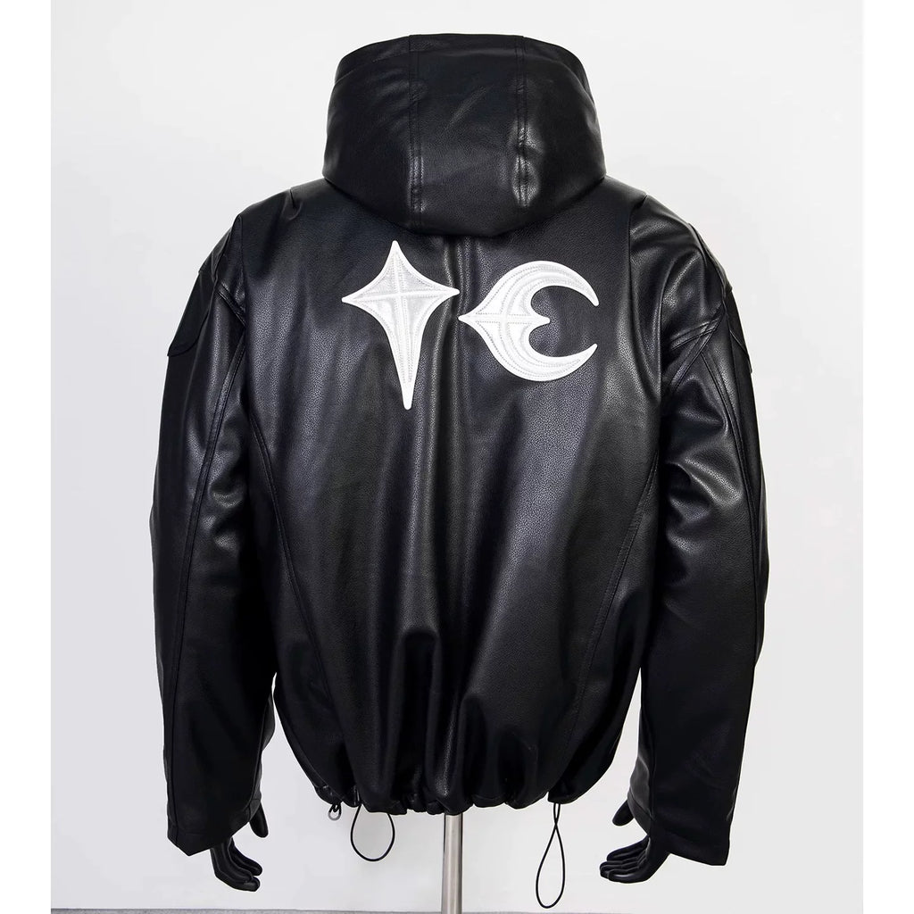 Thug Club Black Hooded Faux Leather Jacket White Star Moon Logo, Unisex