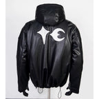 Thug Club Black Hooded Faux Leather Jacket White Star Moon Logo, Unisex