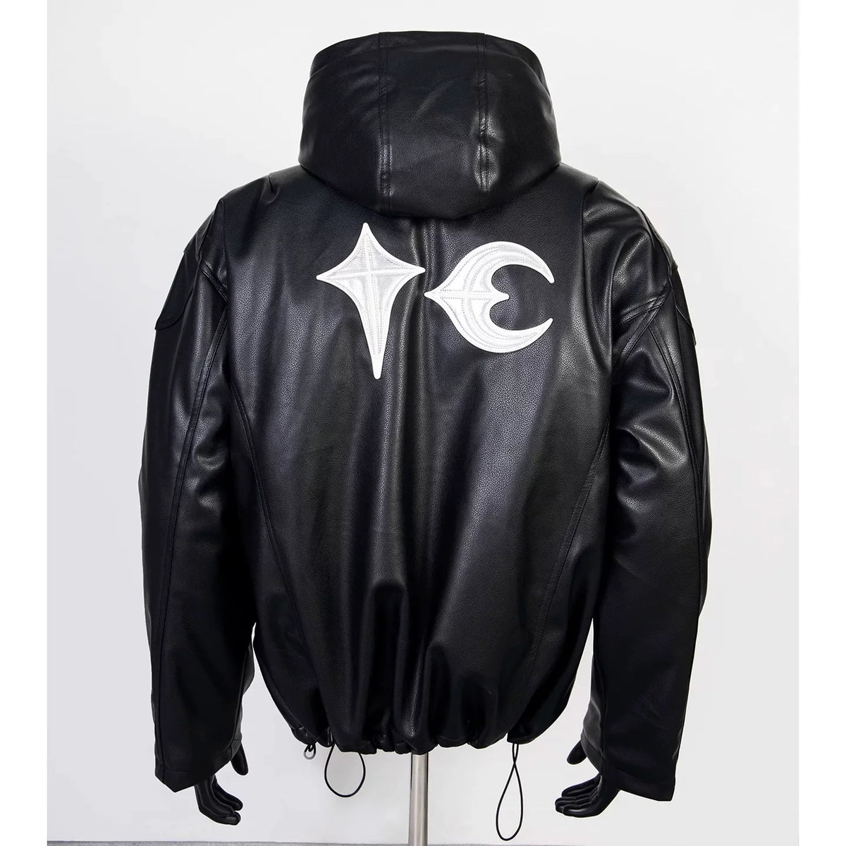 Thug Club Black Hooded Faux Leather Jacket White Star Moon Logo, Unisex