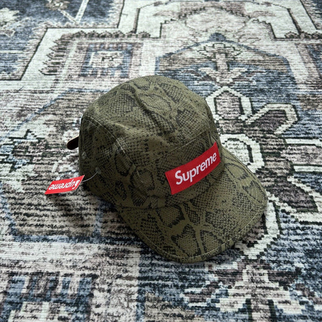 Supreme Olive Snakeskin Print 5-Panel Red Box Logo Camp Cap Hover Image