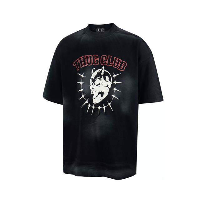 Thug Club Black Washed Horned Skull Oversized T-Shirt, Unisex Hover Image