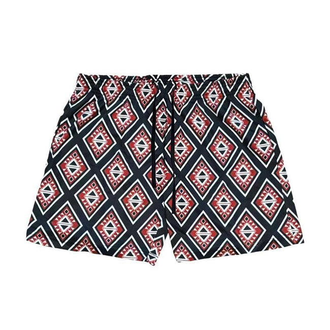 Black, Red, and White Diamond Geometric Athletic Shorts Hover Image