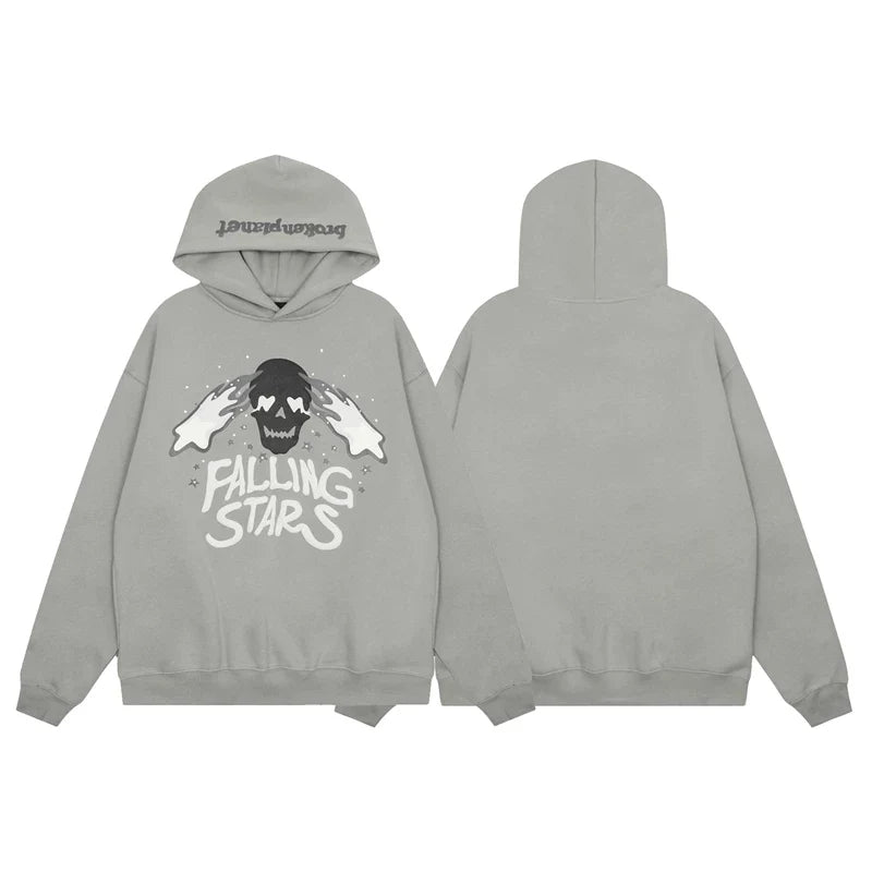 Broken Planet Falling Stars Light Grey Oversized Graphic Hoodie