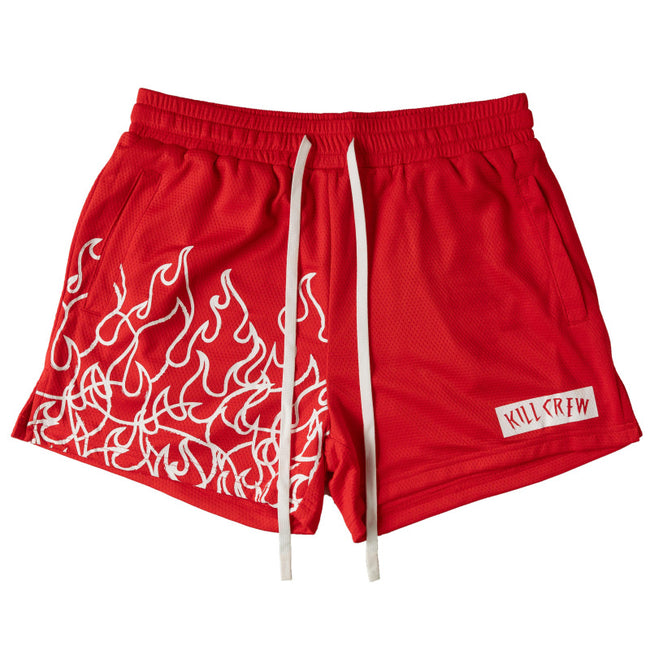 Killcrew Flame Graphic Red and White Mesh Shorts Hover Image