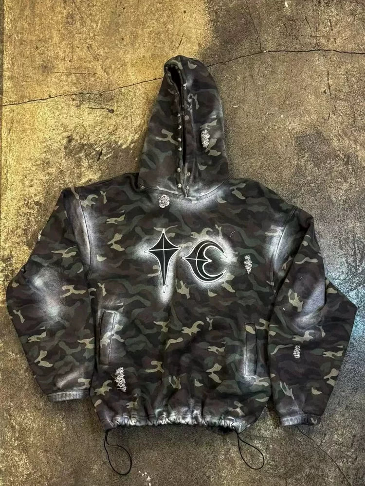 Thug Club Camo Spray Paint Star Moon Embroidery Oversized Hoodie, Unisex
