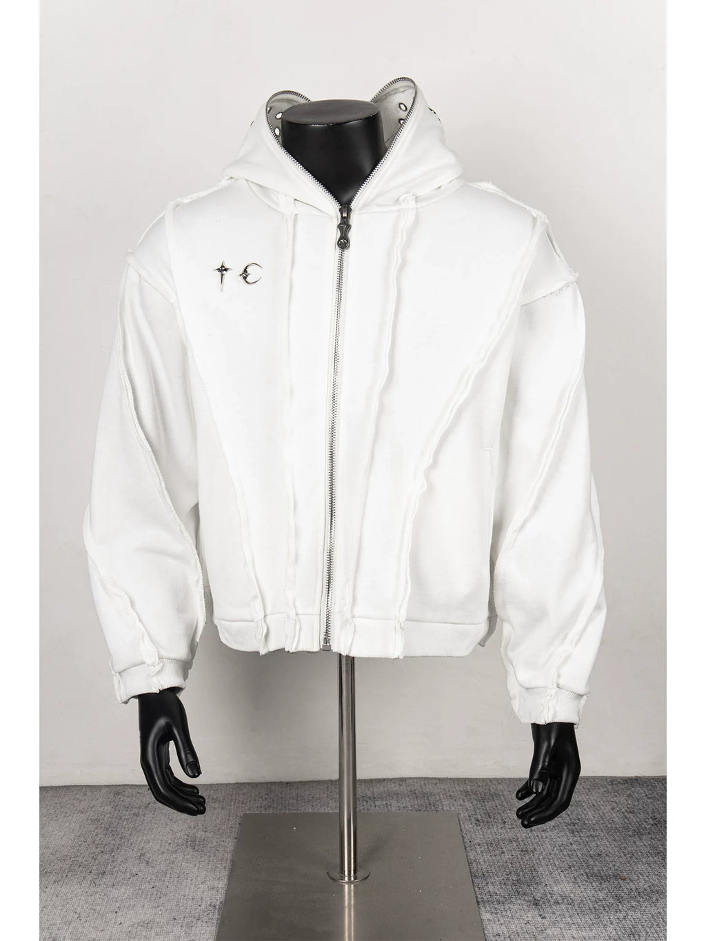 Thug Club White Raw Seam Zip-Up Cropped Hoodie, Unisex