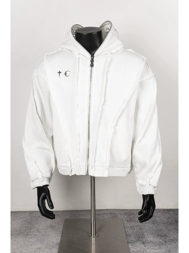 Thug Club White Raw Seam Zip-Up Cropped Hoodie, Unisex Hover Image