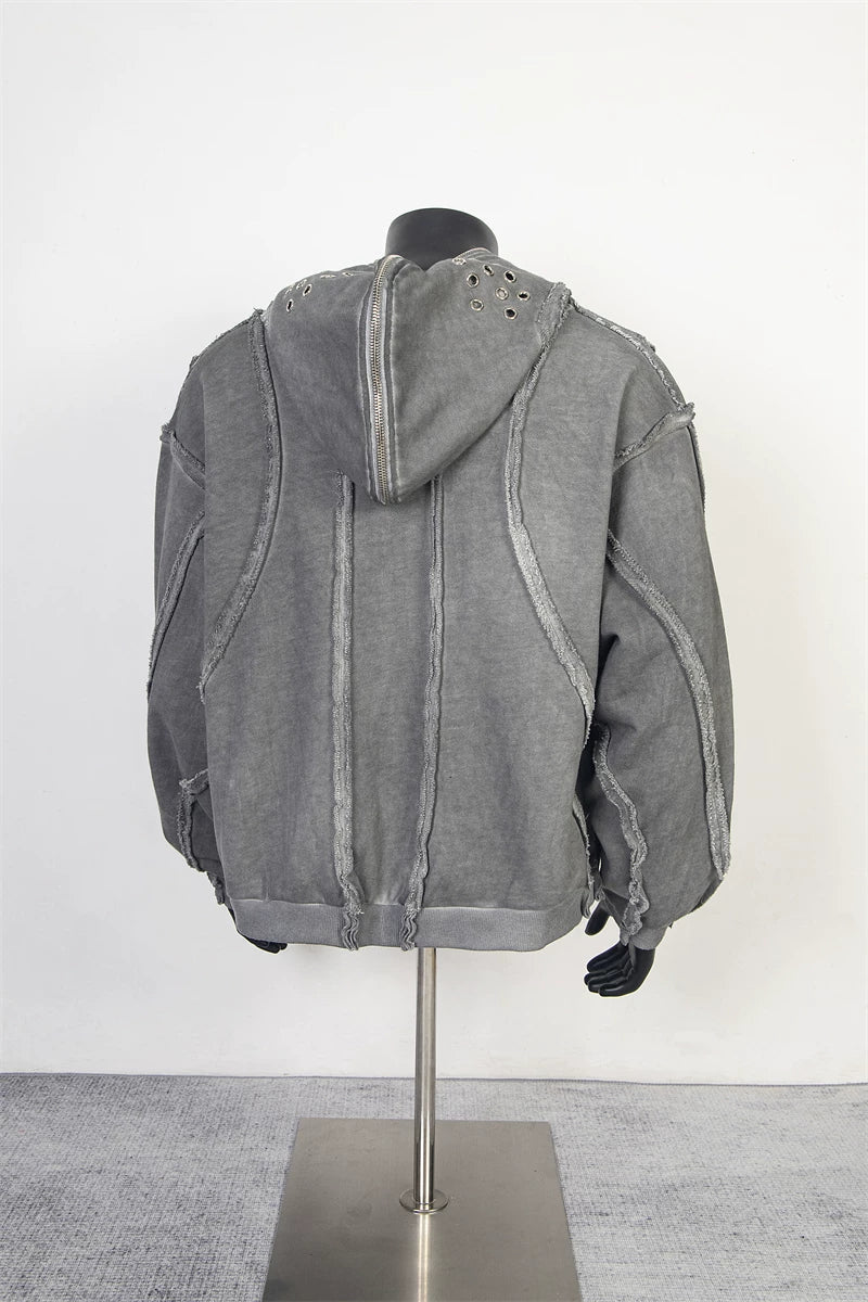 Thug Club Vintage Grey Washed Raw Seam Zip Hoodie, Unisex