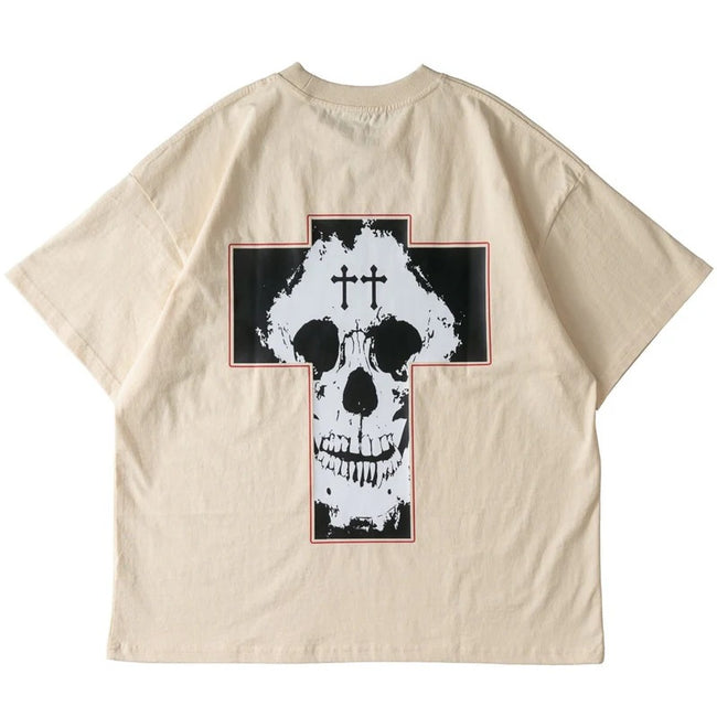 Killcrew Cross Skull Cream and Black Graphic T-Shirt Hover Image
