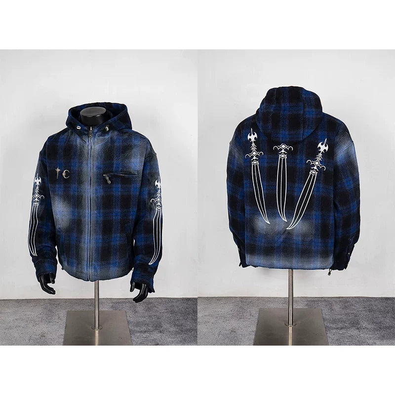 Thug Club Blue Plaid Hooded Zip Jacket, Y2K Gothic Swords Print Wool Blend Oversized Coat