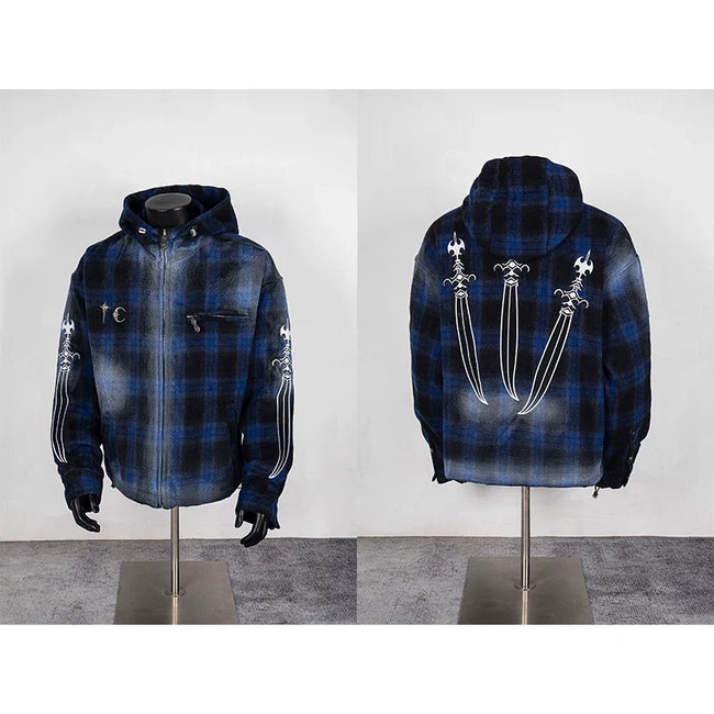 Thug Club Blue Plaid Hooded Zip Jacket, Y2K Gothic Swords Print Wool Blend Oversized Coat Hover Image