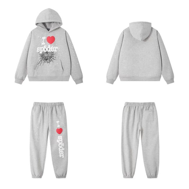SP5DER Heart Web Graphic Pullover Hoodie and Sweatpants Matching Set - Heather Grey Hover Image